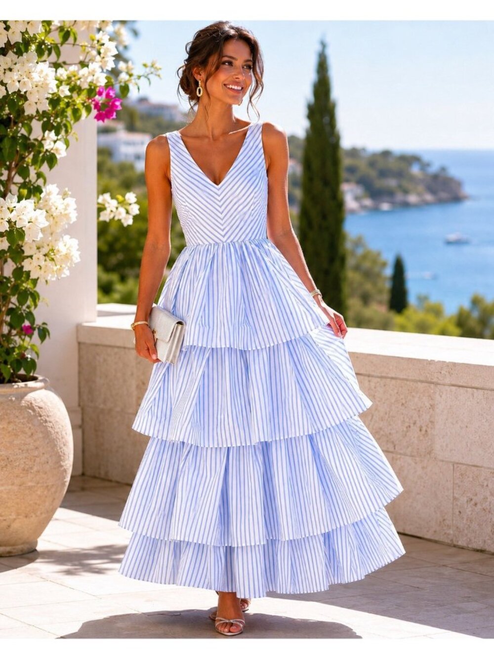 Sara Roka Erica Gown Sz IT 42 US 6 Blue White Stripe Tiered Ruffle Maxi Dress